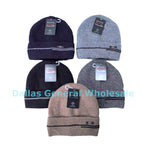 Five beanies in black, gray, and brown with tags on a white background, labeled 'Dallas General Wholesale'.