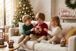 Three children sitting on a white sofa in a cozy living room, smiling and sharing a small Christmas-themed cup or toy with Santa hats. A decorated Christmas tree, gifts, and holiday decorations are visible in the background.