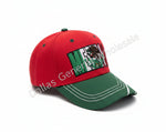 A red and green baseball cap with a Mexican flag patch on the front, resting on a concrete floor with yellow directional arrows in a store aisle.
