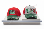 Two baseball caps displayed on a white riser against a light gray background. The left cap is red with a green brim and a large 'MEXICO' graphic featuring the Mexican flag and coat of arms.