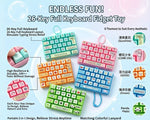 A promotional graphic for a 26-key full keyboard fidget toy, showing multiple pastel-colored keyboard-shaped stress relievers with matching lanyards. The image includes text describing features such as 26 keys, full keyboard layout, typing simulation, high resilience, and matching colorful lanyards, along with small circular themed illustrations on a light blue background.
