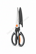 A pair of kitchen shears with black and white handles, a silver metal blade, and orange accents on the pivot screw and inner handle, shown on a white background with a diagonal watermark.