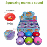 Squeezing sound sugar dolls toy set in a 12-pack box, featuring colorful round plastic balls with cartoon faces and a display box. Text overlays show product details including size (3.