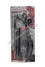 Ninja weapon play set in retail blister packaging, containing a katana-style sword, bow, arrows, and other toy accessories. The package shows printed graphics and dimensions on a white background with product text on the right.