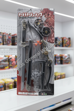 Ninja Weapon Playset in retail packaging, featuring a toy sword, bow, and accessories, displayed on a store shelf.