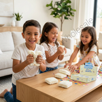 Three children are smiling and playing with white squishy foam blocks on a wooden table, with a box of 'Noodle Squishy Soft Play Collectible Toy' visible. The scene is set in a bright, modern living room with a sofa and a potted plant in the background.