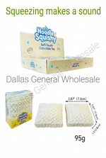 Noodle Squishy soft touch collectible toy set shown with its packaging, three textured square toy pieces, dimensions, weight, and text reading '12/box 12box/cs 144/cs' and 'Squeezing makes a sound' on a white background.