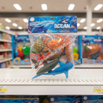 A packaged set of ocean-themed toy animals on a store shelf. The clear plastic bag contains a blue shark, gray shark, blue fish, green turtle, orange crab, and brown octopus, with a blue header card reading 'OCEAN THE WORLD' and 'Mystery Shaped.