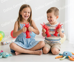 A young girl in a blue dress and a young boy in a striped shirt sit on the floor, both smiling and laughing while holding red lobster-shaped toys. Colorful balloons and plush toys are scattered around them in a bright indoor room.