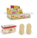 Squeezing toy set with a colorful display box labeled 'SQUEEZING TOY', a clear plastic container with a pink lid, two beige textured foot-shaped squeezer toys, and text showing 12 boxes, 144 pieces, and dimensions.