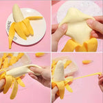 Step-by-step process of making a banana-shaped dessert on a pink background