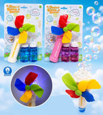 Two packaged pinwheel bubble blasters with bubble bottles on a light blue cloud background, plus a circular inset showing a glowing pinwheel and a larger view of one unboxed set. The products are labeled 'Pinwheel Bubble Blaster'