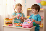 Two children playing with a pink toy cash register and play food on a small table in a brightly lit room with balloons and streamers in the background.