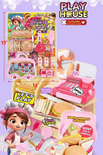 A colorful toy playhouse set shown in a collage-style product graphic with multiple views and accessories. The set includes a pink play car, play kitchen counter, play cash register, play food pieces, play kitchen accessories, and a playhouse interior scene.