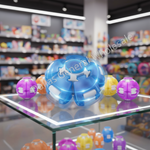 A blue translucent robotic toy ball with white arrow graphics sits on a glass display shelf in a toy store, surrounded by other colorful toy balls in purple, orange, and yellow. A diagonal 'Dallas General Wholesale' watermark is visible across the center.