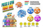 A retail display box and several small fidget balls shown on a white promotional background with text describing the product as 'Press & Spin Fidget Ball' and features like squeeze, rotate, relax, and multiple ways to play. The balls are translucent and come in blue, orange, yellow, purple, and pink colors.