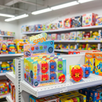 A retail display of colorful rotating fidget balls on a toy store shelf, with a prominent sign reading 'PRESS TO SPIN' and 'ROTATING FIDGET BALL'.