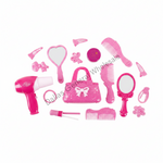 A pink doll or toy hair styling set arranged on a white background, including a hair dryer, handbag, mirrors, combs, hair clips, and small accessories. A diagonal 'Dallas General Wholesale' watermark is visible across the center.