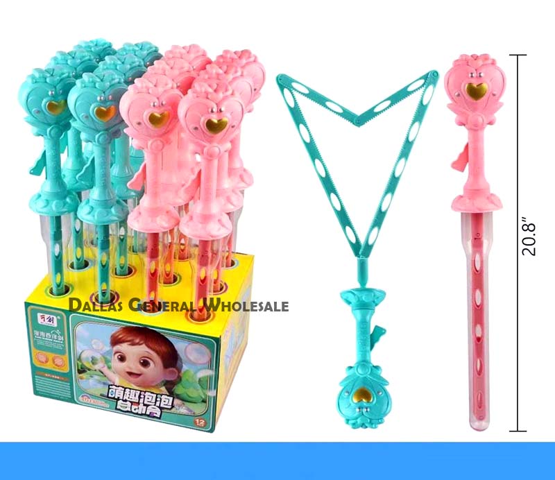 Colorful bubble wands with a box labeled 'Dale's General Wholesale' on a blue background.