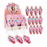 Pink plastic toy ice cream cone display box and individual toy cones with printed cartoon graphics, shown on a white background with dimension lines and product text details below.