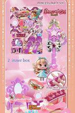 Pink princess party suit toy set from Dress4Sex, featuring a vanity table, mirror, pink shoes, hair accessories, and a star wand, shown in a retail package layout with text indicating 36 pieces and 2 inner boxes.