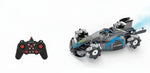 Toy car set with remote control, packaging, and specifications on a white background