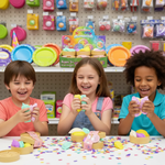 Three children playing with colorful play dough at a table in a toy store.