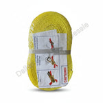 A coiled yellow rope or strap wrapped in clear plastic with a printed instruction sheet and a red 'CAUTIONS!' label, placed on a gray concrete floor.