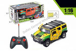 A 1:16 scale remote control toy car set shown with its retail box, a black remote control, and the assembled yellow and green off-road toy vehicle on a white background. The image includes dimension labels, a 1:16 scale indicator, battery count, and product specifications.