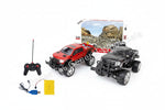 RC cross-country SUV truck set with remote control, battery, USB receiver, and retail box on a white background, with red text showing 1:12 scale, 12 pieces, and vehicle dimensions.