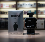 Black robot-shaped perfume bottle with packaging labeled 'Robot Black' on a white background.