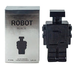 Black robot-shaped perfume bottle with packaging labeled 'Robot Black' on a white background.