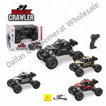 Rock Crawler 4x4 remote control off-road toy vehicles shown with their packaging, controller, battery, and accessories on a white background. Multiple color variants are displayed, including black, silver/gray, gold, and red and black models.