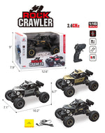 Rock Crawler 1:16 scale remote control off-road truck set, featuring a 2.4GHz remote control transmitter, a 18-pack, and three color variations of the RC truck (black, silver, and gold) with dimensions, weight, and packaging details.