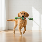 A golden retriever dog running indoors on a wooden floor against a white brick wall, holding a green and pink rope tug toy in its mouth.
