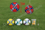 Colorful soccer balls with size 5 and quantity 36, including a pump and goal.