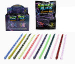 Snake Flex mystery bag snake toy set showing retail packaging, a sealed bag, and multiple colorful flexible snake toys arranged in a row on a white background. 