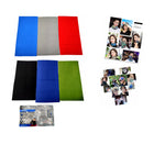 Collection of colorful fabric swatches and photo prints on a white background