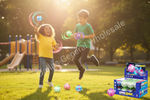 Two children playing with colorful spinning balls on a sunny playground, with a blue and white 'Spin Rush' product box displayed in the lower right corner.