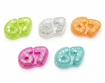 Five glittery number 67 charms in assorted colors (green, silver, orange, pink, and blue) arranged on a plain white background.