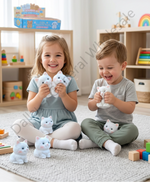 A young girl in a blue dress and a young boy in a gray shirt sit on a light gray rug in a children's playroom, each holding a white plush cat toy. More white plush cat toys are scattered around them on the floor.