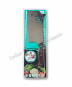 A packaged kitchen cleaver knife with a silver metal blade and dark brown wooden handle, shown in its retail blister packaging with a teal and white backing card featuring vegetables and a small usage photo.