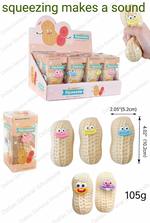 A product listing collage for a squeeze toy shaped like a peanut with a cartoon face. The image includes a hand holding a squeeze toy, a retail display box, individual packaged units, three loose peanut-shaped toys, dimensions, weight, and text reading 'squeezing makes a sound' and '12/box 12box/cs 1525-76HSXLJM/144pcs'.
