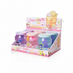 A retail display box of Super Slime Fruit Tea by Nestle, containing six colorful jars of purple, pink, orange, yellow, blue, and green glittery slime with illustrated labels and a drink graphic on the front.