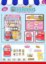 Toy supermarket set with cash register, shelves, and products on a blue background