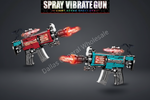 Two toy spray vibrate guns shown on a dark gray background, one red and one teal, both with glowing orange fire effects. A banner at the top reads 'SPRAY VIBRATE GUN' and there is a diagonal 'Dallas General Wholesale' watermark.