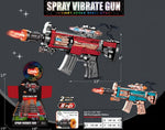 A toy spray vibrator gun set shown on a dark promotional graphic with multiple views, dimensions, and feature callouts. The main product is a red and gray toy gun with glowing orange muzzle effects, plus smaller views of a blue-and-tan version, a retail display box, a water test insert, battery information.