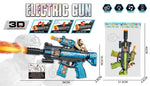 A toy electric gun set shown on a white product-information background with dimensions, weight, and packaging details. The main product is a blue and black toy gun with orange muzzle effects, and a smaller green toy gun is shown in a separate inset.