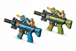 Two toy blasters on a white background, one blue with orange accents and one green with orange accents, both featuring small gold soldier figurines mounted on top. The blasters have 'BATTLE' printed on them.