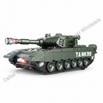 A green toy tank model with a long cannon, detailed tracks, and illuminated front lights, shown on a plain white background with a diagonal watermark.